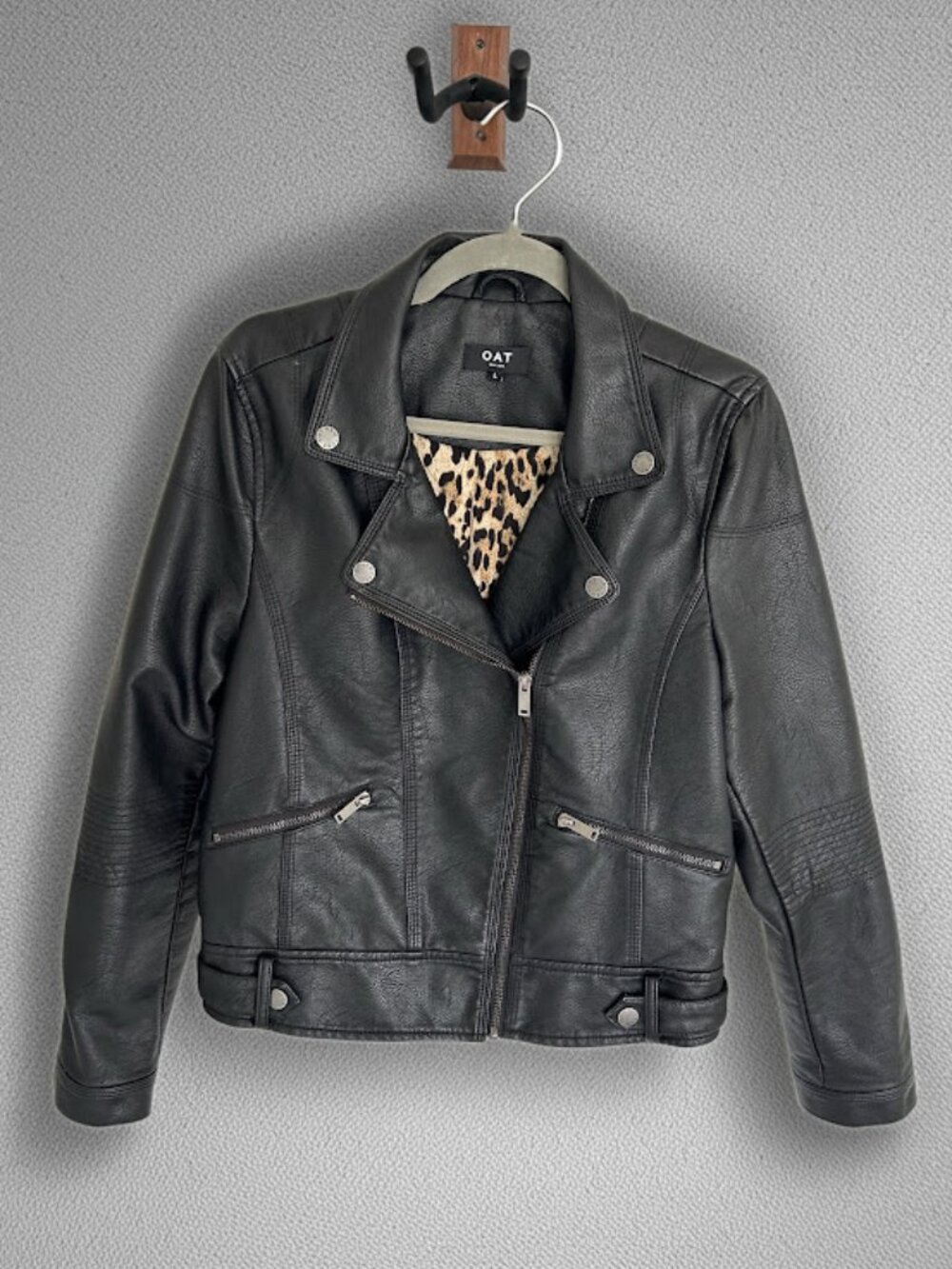OAT New York Faux Leather Moto Jacket Black Leopard Lining Size L